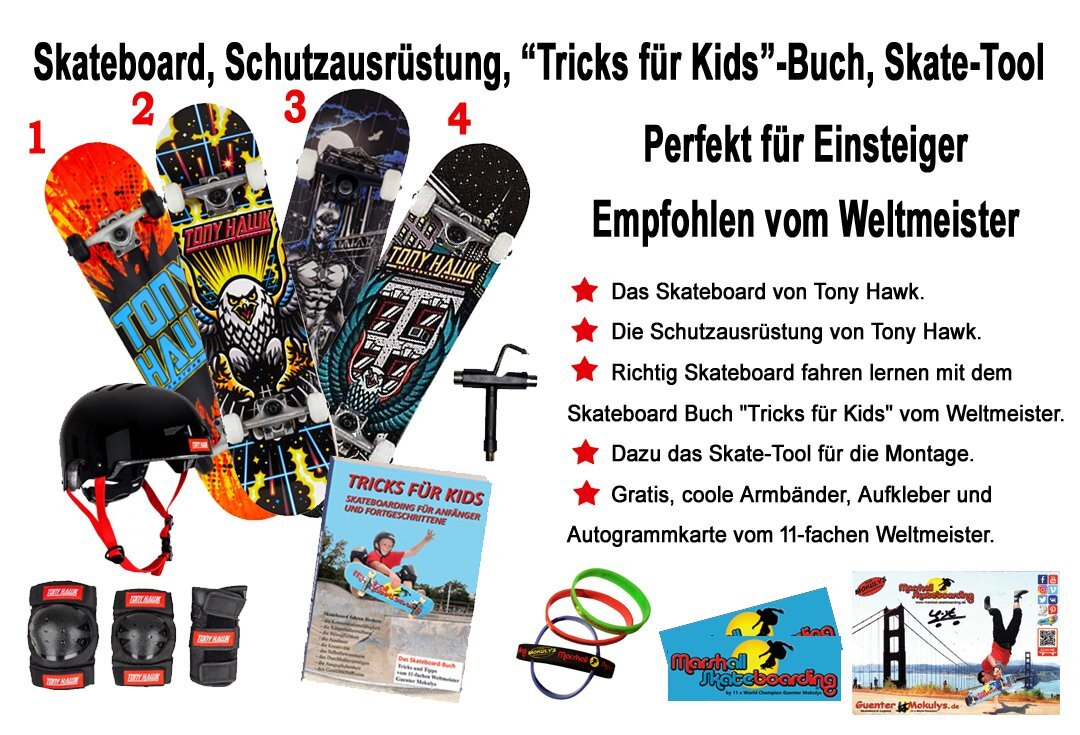 Skateboard Komplettpaket-2: Boards+Schutzset+Tool+Buch